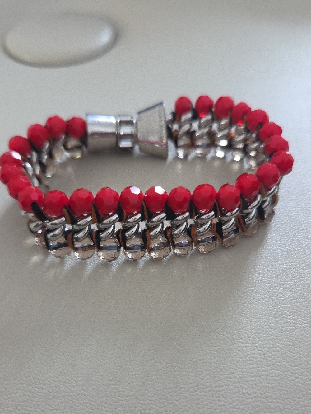 Henri Bendel Red Faceted Bead and Silver Chain Bracelet